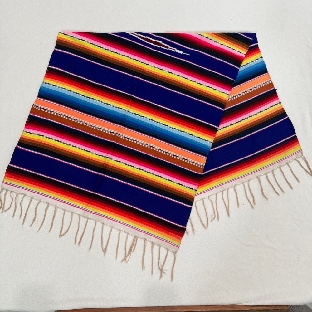 Mexican Serape Blanket Multicolored Striped Boho Falsa Throw with Fringe Blue